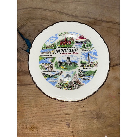 Unbranded Other - Vintage Montana Treasure State Souvenir Plate Scalloped Gold Rim Decorative 7in